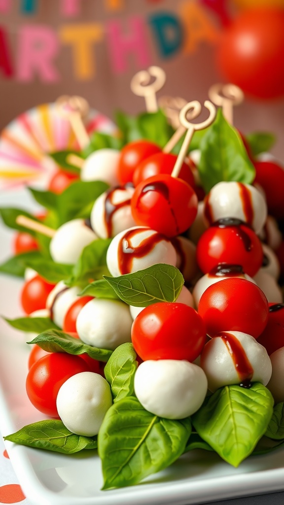 Caprese skewers with cherry tomatoes, mozzarella, and basil on a platter, drizzled with balsamic glaze.